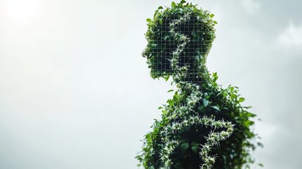 A silhouette of a human figure made entirely of lush green plants, symbolizing the harmony between humanity and nature.