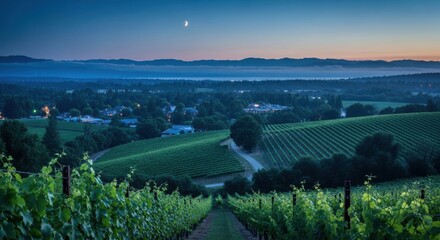 Picturesque vineyard landscape under a twilight sky with a crescent moon