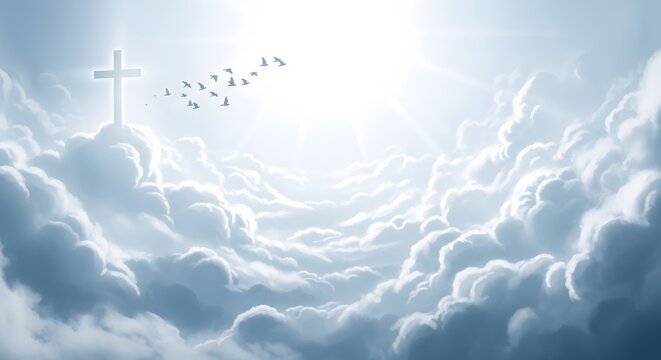 A majestic christian cross stands tall amidst a heavenly expanse of soft, ethereal clouds, with a flock of birds soaring towards the radiant sun, symbolizing hope and divine ascension - Powered by Adobe