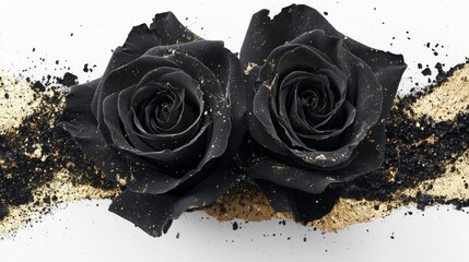 Two striking black roses elegantly arranged with a contrasting gold sand background.