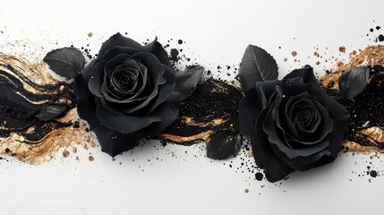 Elegant black roses adorned with golden accents on a white background, symbolizing beauty and mystery.