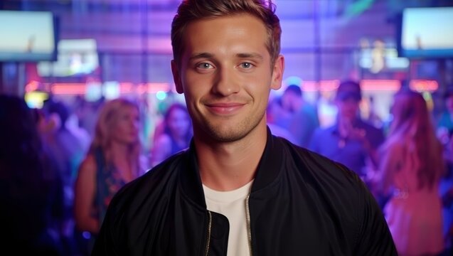 Close-up of a Caucasian man in his twenties at a vibrant nightclub tonight