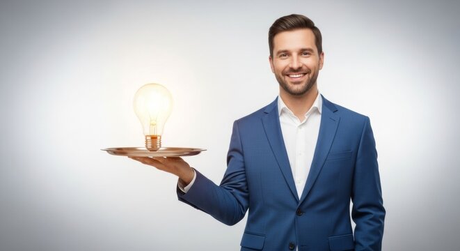 Smiling businessman presenting glowing light bulb on tray