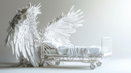 A surreal depiction of a hospital bed combined with majestic angel wings, symbolizing hope and healing.