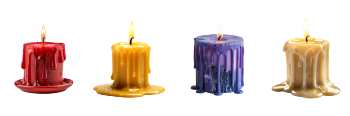 Set of red, yellow, purple and white drippy candles with glowing flame isolated on transparent or white background