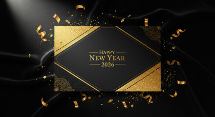 Luxury black and gold Happy New Year 2026 greeting card on silk background.