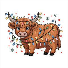 Festive Highland Cow Adorned with Christmas Lights