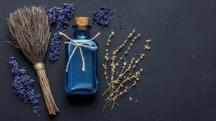 A serene arrangement of lavender, a blue bottle, and a broom evokes calmness and natural beauty in everyday life.