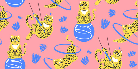 Seamless rich circus pattern with wild cats and gymnastics equipment, cheetahs in pink and yellow