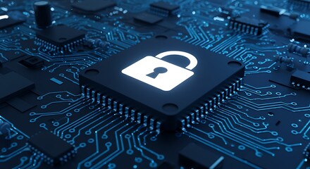 Digital security concept with a glowing padlock symbol on a computer chip surrounded by illuminated circuit board traces