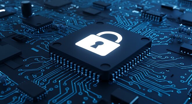 Digital security concept with a glowing padlock symbol on a computer chip surrounded by illuminated circuit board traces