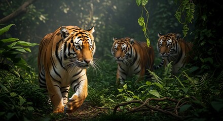 Obraz premium Three tigers in a lush green jungle scene with sunlight and detailed fur