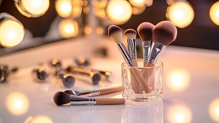 Elegant makeup brushes collection ready for flawless beauty routines and professional cosmetic application in a softly lit studio setting