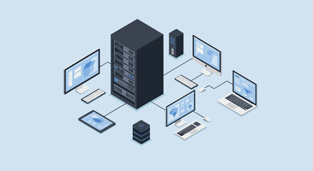 Isometric network diagram depicting connected computers and server infrastructure