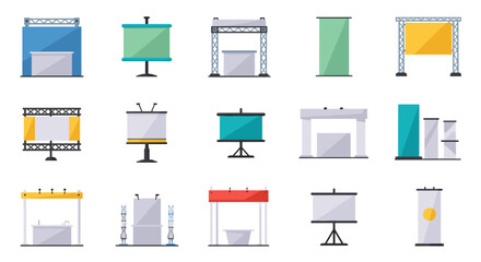 Flat design icons of trade show booths and conference presentations