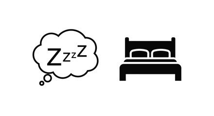 Simple black and white icons depict sleeping and a bed for rest