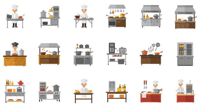 Professional kitchen set with chefs and culinary equipment in flat design