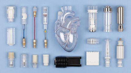 Collection of transparent medical components including a heart model on a blue background for educational use
