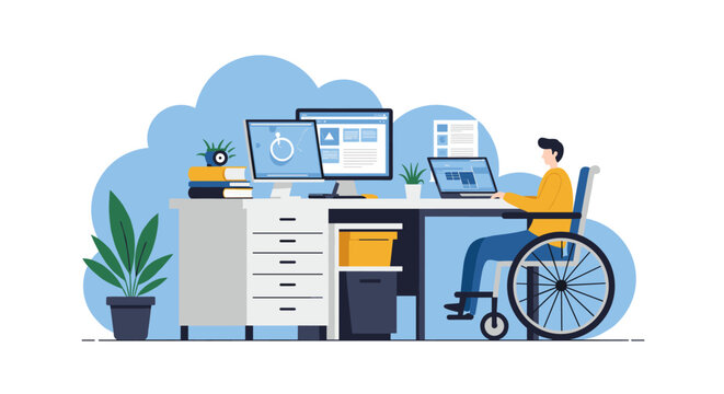 Inclusive workplace design with wheelchair access and ergonomic setup