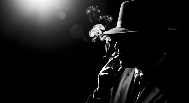 Dramatic black and white portrait of a man in a fedora hat smoking a cigarette, with smoke swirling around his face in the dim light