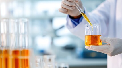 Scientist in lab coat carefully transferring orange liquid with pipette into a glass beaker, showcasing precision