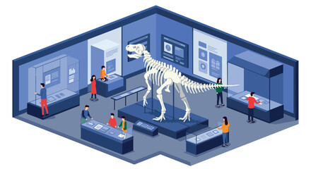 Obraz premium Isometric museum exhibit with dinosaur skeleton and interacting visitors