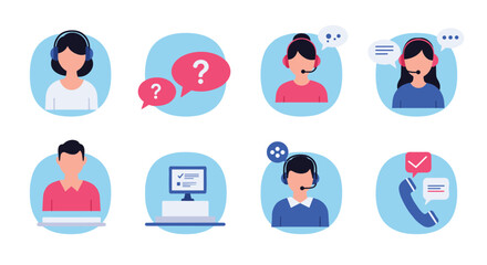 Customer support icons featuring people with headsets and technology elements