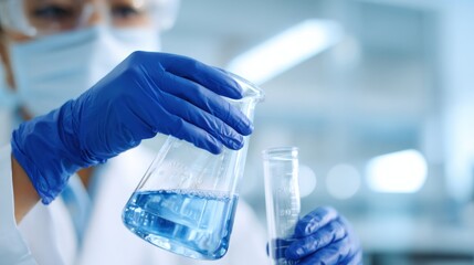 Scientist in laboratory conducting experiments with blue liquid in glassware, focused on research