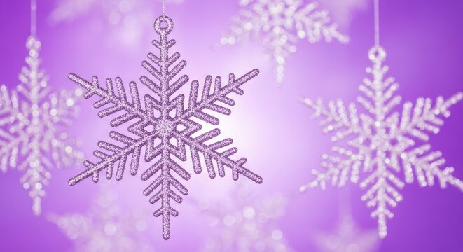 Shiny snowflake ornaments hanging on a festive purple background design