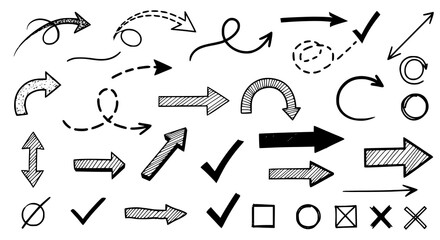 Set handdrawn arrows, checks, and crosses isolated isolated on transparent background