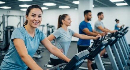 Fototapeta premium Smiling woman exercising on stationary bike in modern gym