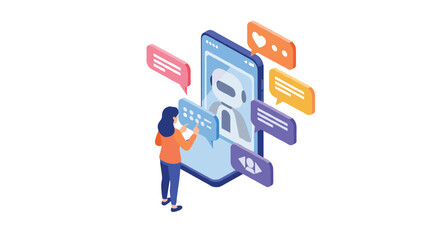 Obraz premium Interactive chatbot technology concept with user and digital communication in 3d isometric style