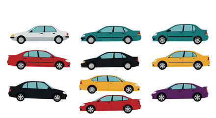 Diverse sedan collection in flat design with multiple color options