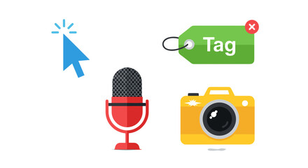 Fototapeta premium Digital media icons including microphone, camera, and tag , cursor, AI-Assisted Creativity icon set