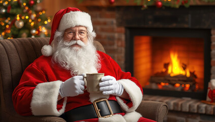 Santa Claus relaxing by fireplace with hot cocoa in cozy Christmas living room