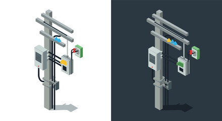 Isometric depiction of electric utility pole with dual backgrounds