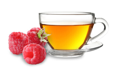 Hot beverage in cup and fresh raspberries on white background. Immunity boosting drink for cold season