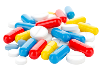 Pharmaceuticals: vibrant capsules and white tablets for health. isolated on transparent background
