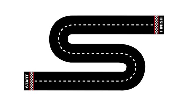 curved road for race track with start to finish line isolated white background. Start to Finish Race Track, one Lane Moving Road Animation. Linear race track with start to finish line. 4k motion video