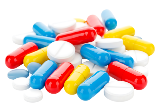 Pharmaceuticals: vibrant capsules and white tablets for health. isolated on transparent background