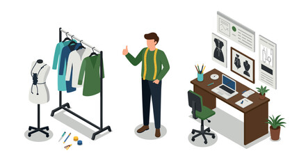 Fashion designer workspace isometric scene with man, desk, and clothing
