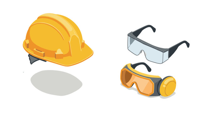 Construction safety gear: isometric hard hat and protective eyewear essentials
