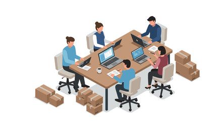 Collaborative teamwork in isometric office setting with cardboard boxes