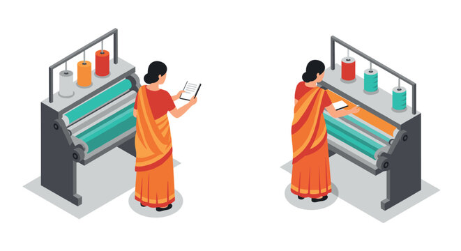 Seamstress in traditional attire operating textile machinery isometric