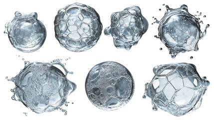 Dynamic splashes and frozen water droplets in various abstract shapes isolated on transparent background