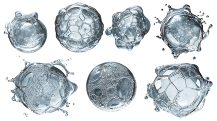 Dynamic splashes and frozen water droplets in various abstract shapes isolated on transparent background