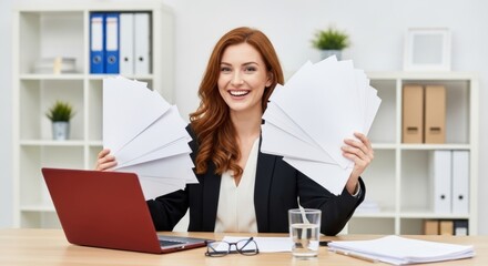 Happy businesswoman holding papers in modern office