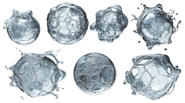 Dynamic splashes and frozen water droplets in various abstract shapes isolated on transparent background - Powered by Adobe