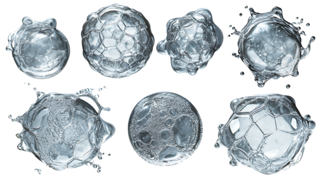 Dynamic splashes and frozen water droplets in various abstract shapes isolated on transparent background