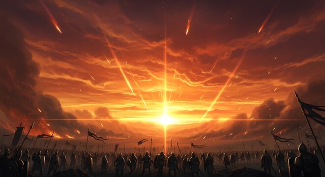 Epic fantasy battle scene with a massive army gathered under a dramatic, fiery sunset sky with meteors falling, evoking a sense of impending doom and conflict